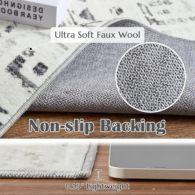 jinchan Boho 4x6 Neutral Area Rugs - Machine Washable Moroccan Soft Throw Rug Bohemian Diamond Design Non-Slip Carpet for Bedroom Entryway Living Room Kitchen Dining Room (4‘x6', Charcoal)