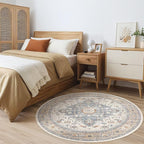 Round Rug Living Room Rugs: 6Ft Washable Boho Neutral Large Circle Soft Indoor Distressed Stain Resistant Floor Farmhouse Carpet for Bedroom Nursery Kids Playroom Office Dining Room Dorm- Beige Blue