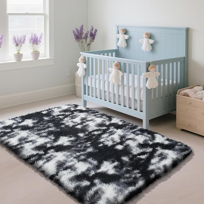 Fluffy Rug Shaggy Area Rug, Mottling Black 3x5 Area Rugs for Bedroom, Small Bedside Rug, Soft Fluffy Shaggy Entryway Throw Rugs for Living Room Bedroom Kids Room Home Decor