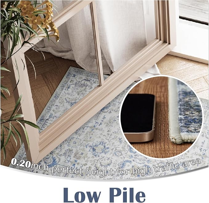 jinchan Kalen Runner Rug 2x10 Washable Area Rug Soft Vintage Hallway Indoor Floor Stair Runner Thin Retro Distressed Carpet Blue Floral Country Non Slip Bathroom Kitchen Bedroom Living Room Stairway