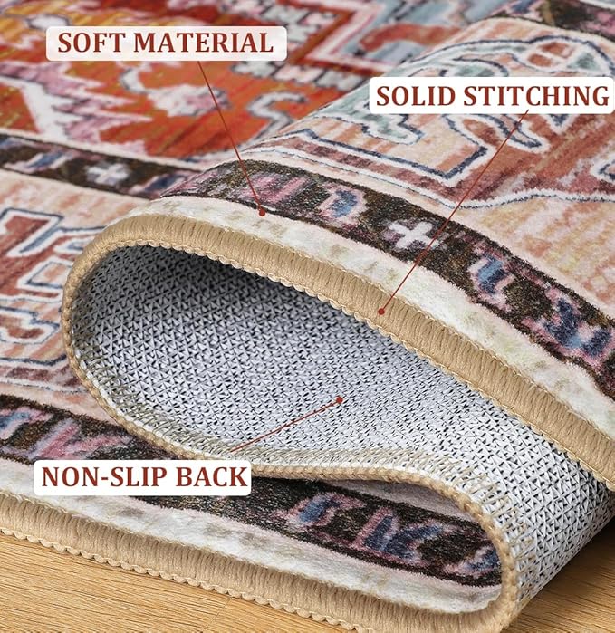 Entryway Washable Rugs 2x3, Low Pile Non-Slip Small Rug, Door Mat, Distressed Printed Patterns Rug for Entrance, Bedroom, Bathroom, Kitchen, Rust Brown