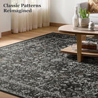 Charcoal Black Entryway Rug Indoor, 2x3 Small Door Rugs for Entry Way/Kitchen/Bathroom, Washable Non Slip Low Pile Thin Door Mat Indoor Entrance, Vintage Retro Dark Rug with Decorative Fringe