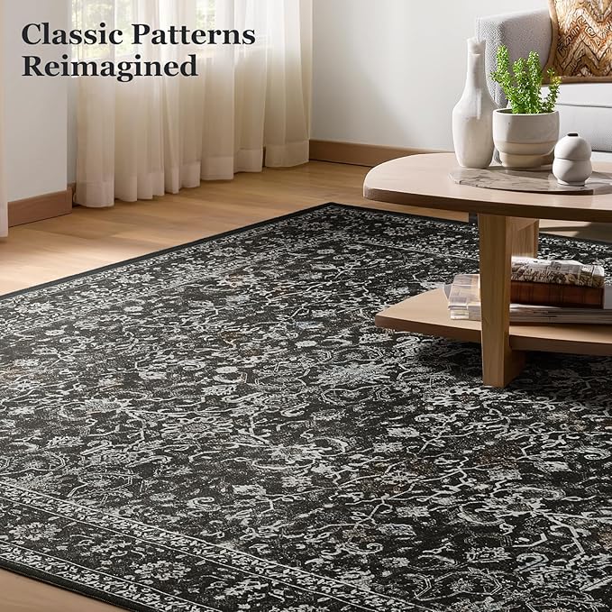 Vintage Charcoal 3x5 Entryway Rug Indoor Foyer, Neutral Earth Tone Dark Throw Rug for Kitchen Bathroom, Machine Washable Non Slip Thin Area Rug for Nursery/Bedroom Bedside/Home Office/Dorm