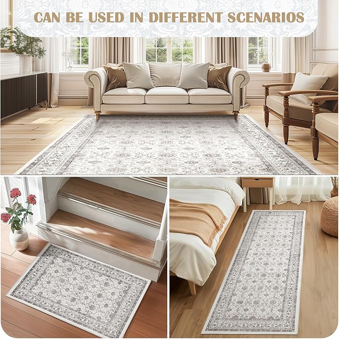 jinchan Hallway Runner Rug 3x7 - Machine Washable Beige Vintage Floral Distressed Design Soft Non-Slip Low-Pile Ultra-Thin Runner Rug for Kitchen Laundry Room Bedroom Farmhouse (3‘x7', Beige)