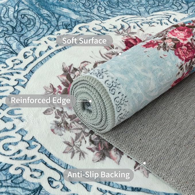 Easy-Going Area Rug 6x9 Washable Floral Rugs for Living Room Non-Slip Bedroom Rug Low Pile Lightweight Retro Flowers Throw Rug for Dining Room Kitchen Home Office Carpet, Teal Red