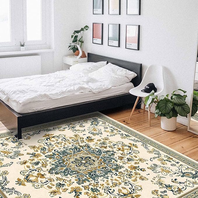Bohemian Rectangular Area Rugs for Living Room Bedroom 4 x 6 ft Vintage Farmhouse Floral Pattern Non-Shedding Soft Low Pile Rug Non Slip Washable Rug for Nursery Entryway Playroom