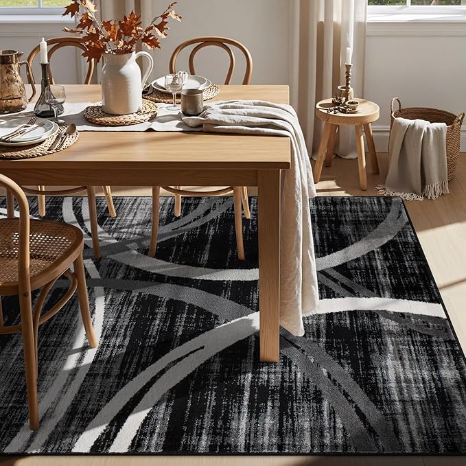 Rugshop Modern Wavy Circles Design Area Rug, Fade-Resistant Carpet for Living Room, Bedroom, or Dining Room, Black, 6'6" x 9'