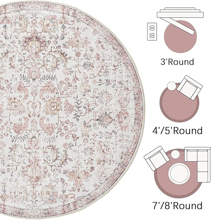 jinchan Kalen Round Rug 8ft Area Rug Washable Vintage Indoor Retro Accent Floor Cover Distressed Floral 8' Round Circle Boho Non Slip Thin Carpet for Living Room Dining Room Bedroom Kitchen Red