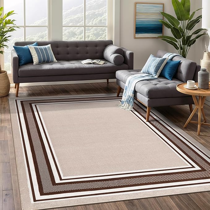 Beverly Rug Non Slip Area Rugs 8x10 Modern Bordered Non Skid Rubber Backing Soft Area Rug for Living Dining Room Easy to Clean Non Shedding Kitchen Bedroom Indoor Carpet 8 x 10 Beige-Brown