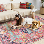 Lahome 5x7 Boho Living Room Rug Colorful Bedroom Rug, Large Bohemian Nursery Rugs, Hot Pink Non-Slip Machine Washable Soft Playroom Mat Indoor Floor Accent Carpet for Dining Table Mud Room