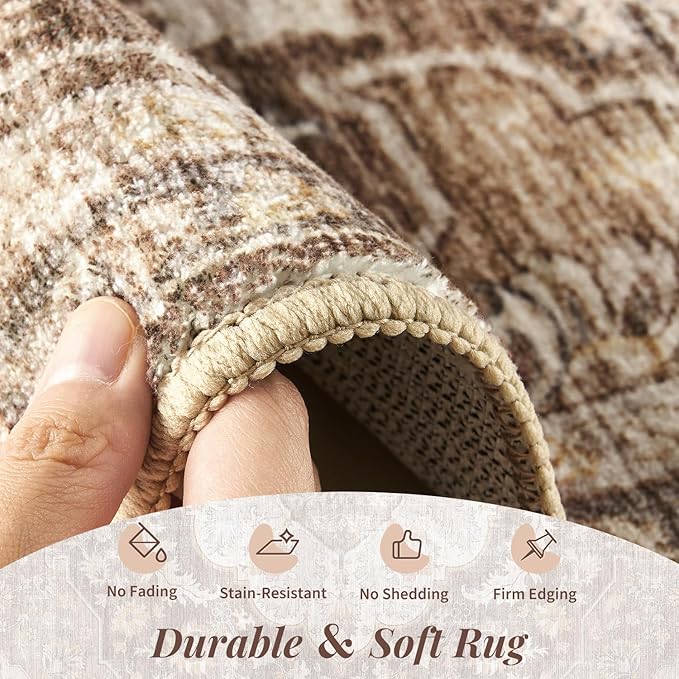 tchdio 8x10 Area Rugs for Living Room, Vintage Non Slip Washable Rug, Soft Low Pile Area Rug Large Floor Indoor Carpet for Bedroom, Dining Room, Office (Brown, 8'x10')