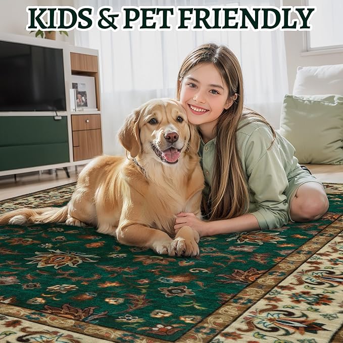 Tangsoo 5x7 Washable Rug, Floral Vintage Large Area Rugs for Living Room, Indoor Non Slip Print Floor Carpet, Soft Low Pile Machine Washable Rug for Bedroom Dining Room Dorm Home Decor Green