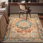 Tangsoo 4x6 Washable Rug Vintage Non Slip Indoor, Distressed Carpet for Living Room, Dining Room, Soft Low Pile Rugs Foldable Floor for Bedroom Dorm Bedside Bathroom Rusty Orange