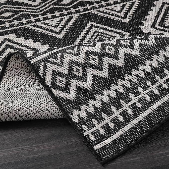 Beverly Rug Waikiki Boho Indoor Outdoor Rug 9x12, Washable Outside Carpet for Patio, Deck, Porch, Bohemian Area Rug, Farmhouse Rugs, Aztec Tribal Rug, Black and White