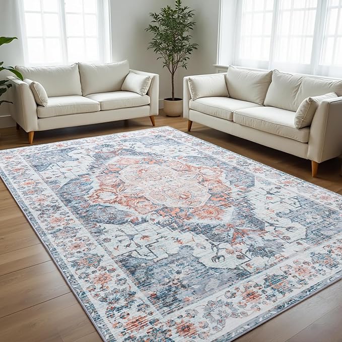 8x10 Area Rugs for Living Room, Machine Washable Non-Slip Low Pile Faux Wool Boho Vintage Carpet, Non-Shedding Large Rug for Bedroom Dining Room Office, Light Blue