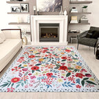 Floral Rug 4x6 Vintage Print Rug Washable Low Pile Living Room Non Slip Carpet for Bedroom, Farmhouse, Dining Room