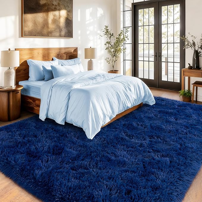Shag Area Rugs for Living Room, Soft Fuzzy Plush Rugs, Upgrade Anti-Skid Modern Furry Rugs Fluffy Carpets for Kids Room Nursery Home Decor Dark Blue, 8X10 Feet