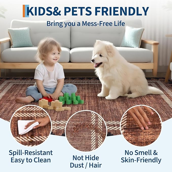 Geometric Bordered 5x7 Washable Low Pile Area Rugs for Bedroom Living Room Playroom Modern Non Slip Foldable Soft Indoor Carpet Stain Resistant Non-Shedding Dining Room Farmhouse Rug, Brick Red