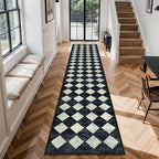 Lahome Checkered Washable 2x12 Runners for Hallways Non Slip, Black Kitchen Bathroom Runner Rugs, Modern Trellis Ultra-Thin Indoor Carpet Runner for Bedroom Dorm Classroom Decor (2'x12',Black)