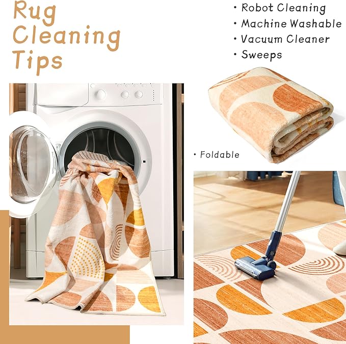 MUJOO Boho Rug Washable,3x5 Area Rugs for Bedroom Entryway Living Room Bedside,Small Throw Floor Carpet Non Slip Soft Indoor Modern Abstract Bohemian Orange