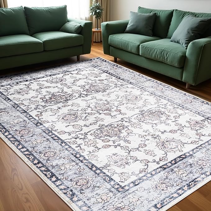 Area Rug for Living Room, 8x10 Machine Washable Non Slip Large Faux Wool Throw Rug, 0.3″ Low Pile & Non-Shedding Boho Large Carpet Rugs for for Dining Room, Bedroom, Office (Gray Purple)