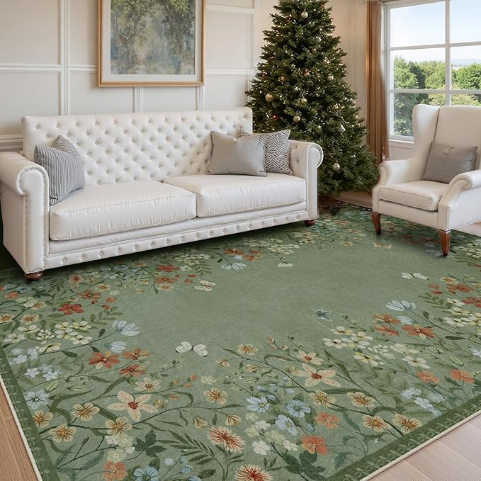 Wonnitar Washable Area Rug 4x6, Green Floral Rugs for Living Room, Non-Slip Large Kitchen Throw Mat, Low-Pile Indoor Botanical Floor Carpet for Girls Bedroom Laundry Entrance (Green,4'x6')