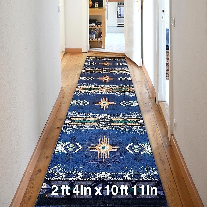 YHSF South West Native American Area Rug C318 - Easy Clean, Thick, Soft, Durable Native Tribal American Indian Inspired Rug for Bedroom/Living Room and More - Navy Blue, 2 ft 4 in x 10 ft 11 in