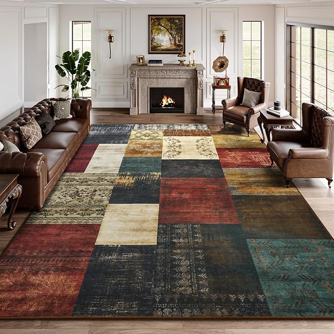 DweIke Washable Area Rugs for Living Room, 6x9 Large Bedroom Rugs, Geometric Print Non Slip Low Pile Indoor Throw Carpets for Bedroom Apartment Dining Room Home Office Hardwood Floor, Colorful