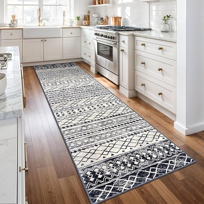 KUTA Moroccan Washable Runner Rug, 2.6x10 Non-Slip Vintage Black Navy Blue Boho Hallway Kitchen Rugs Ultra Soft Geometric Floor Carpet Runners for Bedroom Laundry Living Room