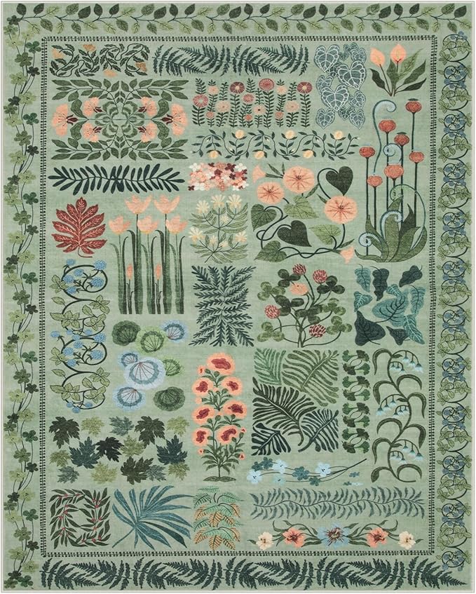 Boho Green Washable 8x10 Area Rug for Living Room, Floral Large Rugs for Bedroom Aesthetic, Non Slip Botanical Soft Indoor Throw Carpet for Dining Room Home Office Playroom (Green,8 x 10)
