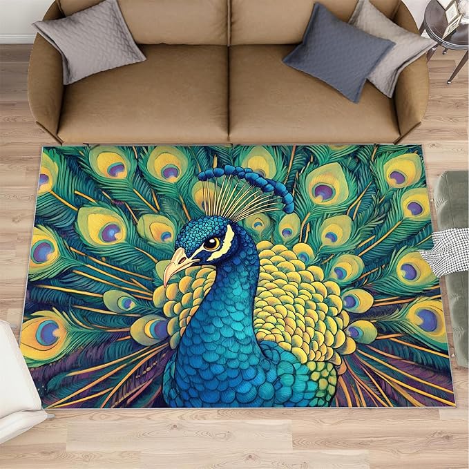 Peacock Rug 4x6-4x6 Rug, Wonderful Peacock Area Rugs for Bedroom, Teal Turquoise Rugs for Living Room, Modern Style Washable Mat, Malachite Green Feather Carpet - Peafowl Home Decor & Gifts