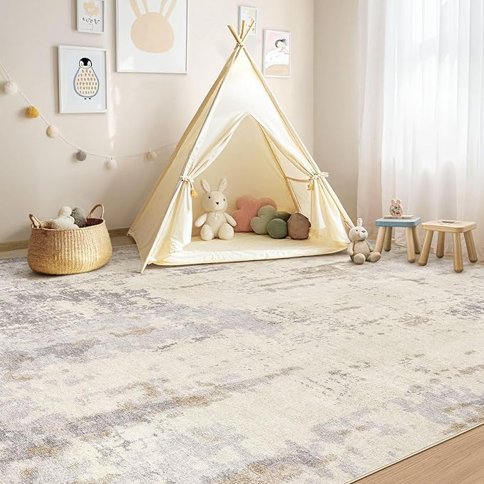 9x12 Area Rug Living Room Rugs - Washable Neutral Modern Abstract Soft Thin Rug Indoor Floor No Slip Rug Carpet for Bedroom Under Dining Table Home Office Decor - Light Brown/Gray