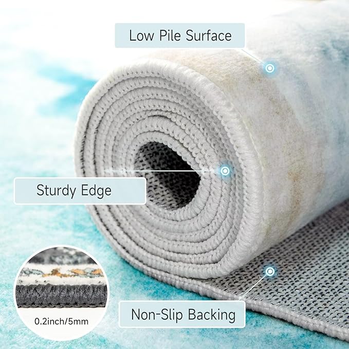 Beach Pattern 2x6ft Runner Rug Non Slip Washable Kitchen Runner Rug with Rubber Backing，Low-Pile Soft Washable Runner Rugs for Hallway Entryway Kitchen Bedroom Living Room Bathroom