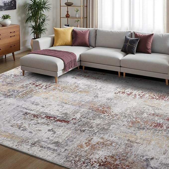 Toneed Abstract Area Rug Modern Washable Rug Soft Non Slip Rug Low Pile for Bedroom Living Room Dining Room Taupe Grey Brown 9x11 Feet