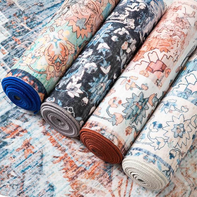 4x6 Washable Rug – Boho Non-Slip Indoor Area Rug for Living Room, Bedroom, Dining Room, Entryway – Light Blue and Terracotta Bohemian Style