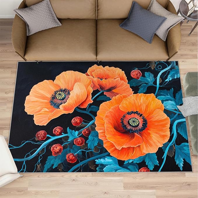 6x8 Poppy Classroom Rugs - Retro Flowers Art Playroom Rug, Rustic Florals Art Carpet Area Rug for Girls Bedroom Kids Room Basement Office Classroom