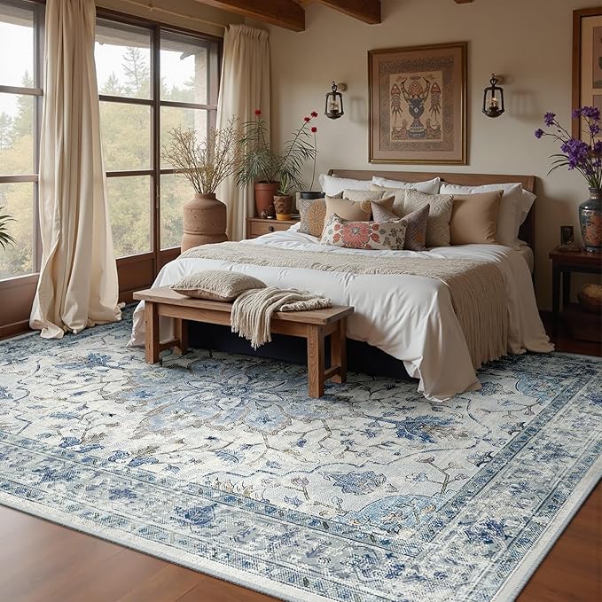 Area Rugs Square 8ft Washable Non-Slip, Floral Vintage Distress Print Pattern Medallion Carpet for Living Room Bedroom Dining Room, Light Blue Navy Beige Gray White