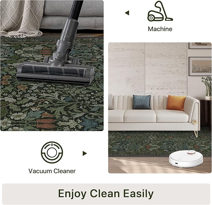 Bavni Floral Dark Green Area Rugs 8x10, Vintage Boho Carpet Machine Washable, Non Slip Soft Low Pile Thin Rug for Bedroom, Living Room, Dining Room, Nursery