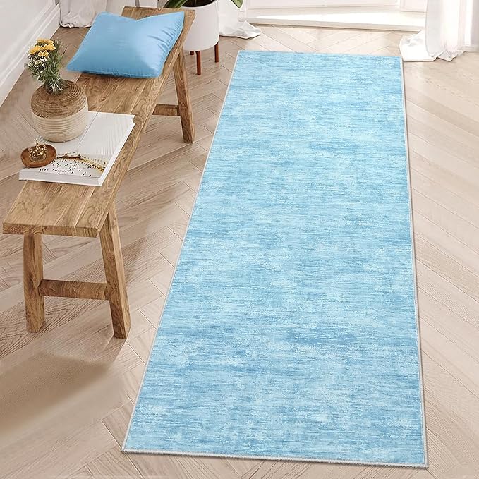 RUGSREAL Modern Runner Rug 2.5x8 Stain Resistant Washable Kitchen Runner Carpet with Rubber Backing Low Pile Contemporary Solid Color Entryway Mat Ultra Soft Rug for Living Room Bedroom, Blue