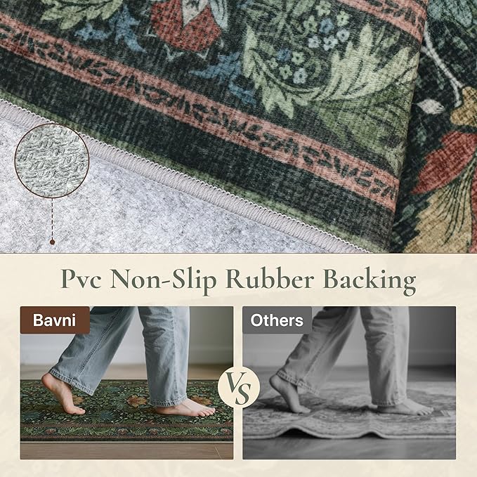 Bavni 8x10 Area Rugs for Living Room, Microfiber Machine Washable Non-Slip Vintage Floral Rug, Low Pile Lightweight Carpet for Bedroom, Dining Room, Home Office, Dark Green