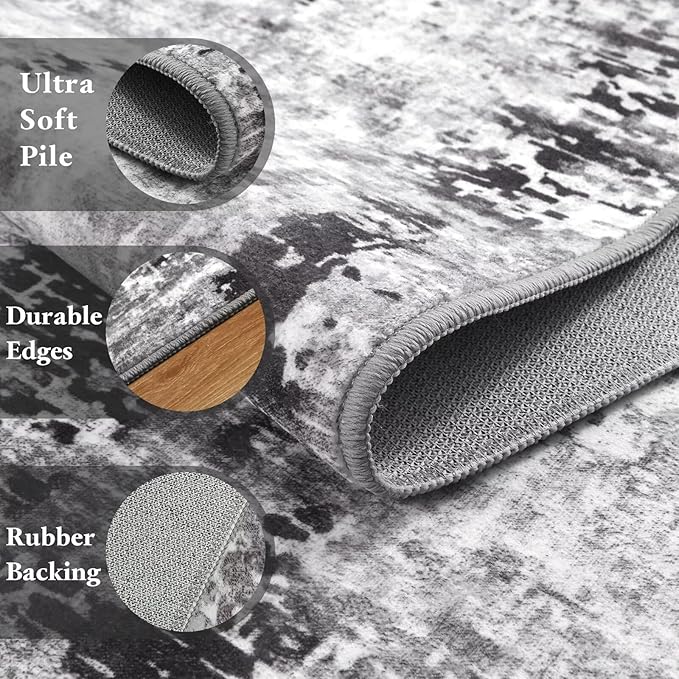 Washable Abstract Runner Rug, 2x6 Modern Area Rugs with Non-Slip Rubber Backed for Kitchen, Thin but Soft Contemporary Carpet Bedroom Entryway Hallway Decor, Dark Grey