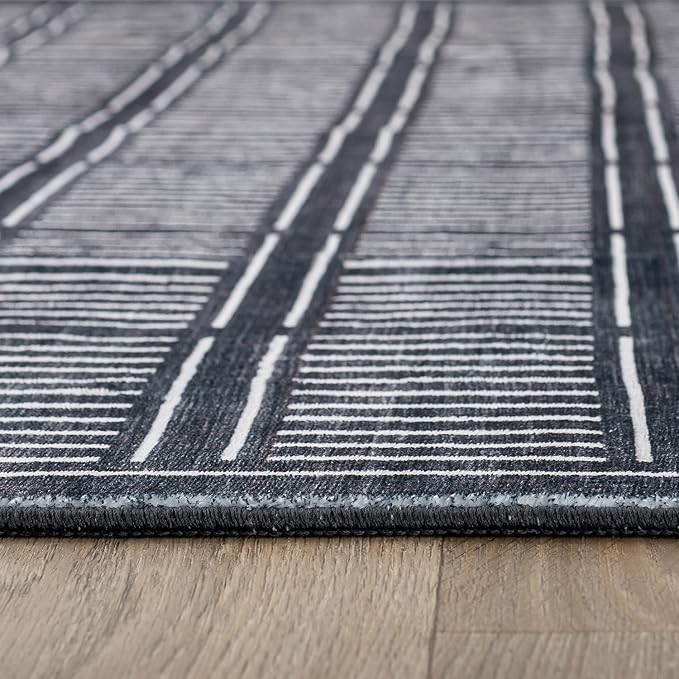 Rugshop Bohemian Stripe Lines Washable Non Slip Area Rug 2' x 4' Black