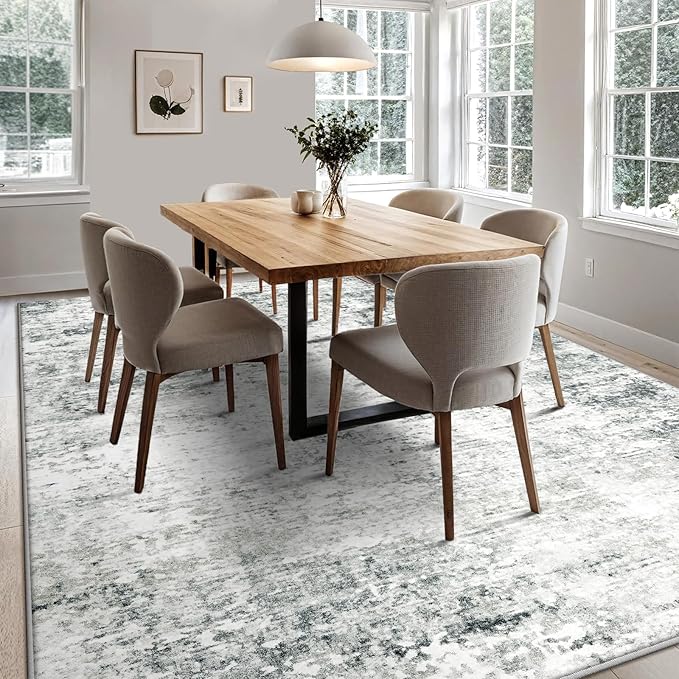 6x9 Machine Washable Area Rug for Living Room, Grey Modern Vintage Abstract Rug Large Non-Slip Low Pile Soft Faux Wool Carpet, Kids and Pets Friendly for Bedroom Dining Room Farmhouse Home Decor Rug