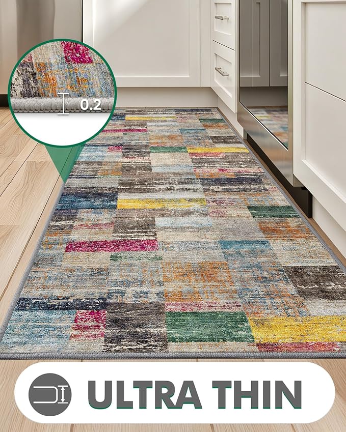 LUMI Washable Runner Rug, 3'x7' Non-Slip Hallway Mat, Low Profile Thin Long Carpeet for Laundry Kitchen Bedroom Office, Multicolor