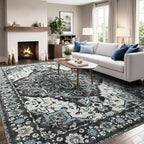 Area Rugs 6x9 for Living Room, Bedroom, Washable Vintage Rugs -Low Pile Distressed Rugs for Kitchen, Dining Room, Water Repellent & Non Shedding, Black and Blue