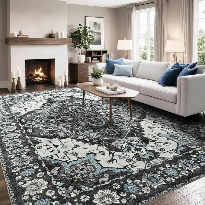 Large Area Rugs 8x10 for Living Room, Bedroom, Washable Vintage Rugs -Low Pile Distressed Rugs for Kitchen, Dining Room, Water Repellent & Non Shedding, Black and Blue