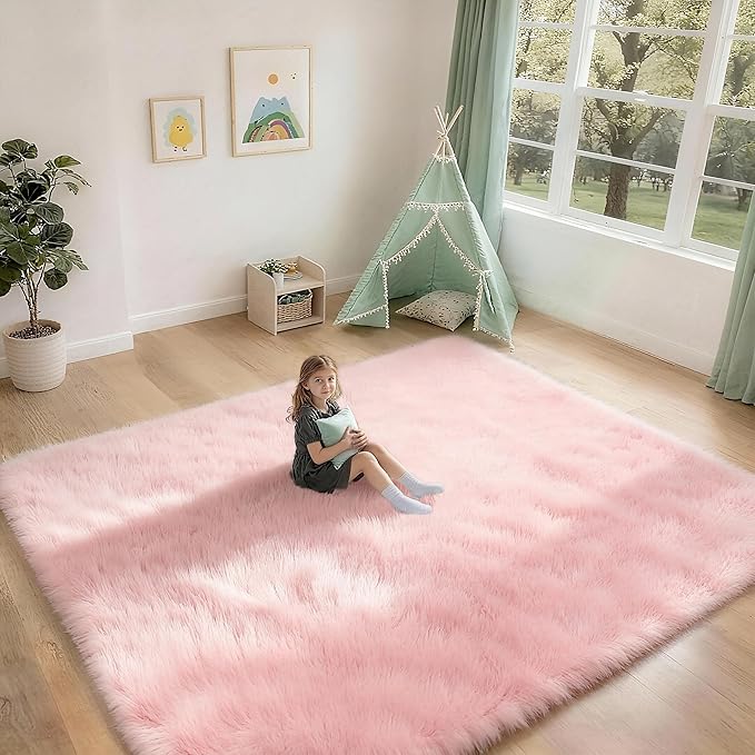 8x10 Solid Fluffy Pink Area Rug – Washable, Durable, Extra Large Living Room Rug, Non-Slip High Pile Shag Rugs for Bedroom, Playroom, Nursery Rooms, Kids Room, Soft Indoor Floor Carpet Decor