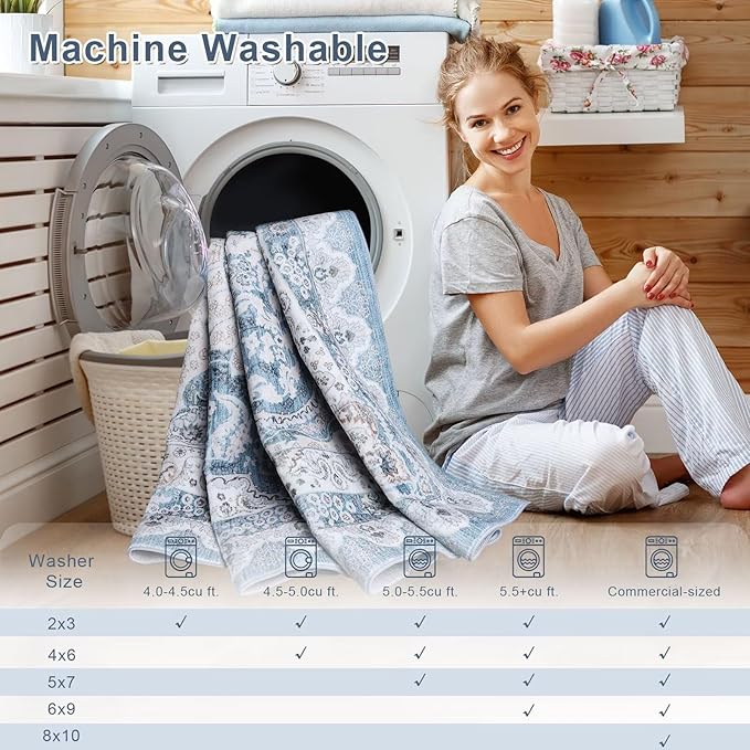 6x9 Area Rug for Bedroom, Machine Washable Rugs with Non-Slip Backing for Living Room, Large Vintage Carpet Kitchen Laundry Kids Room Decor, Blue & Beige