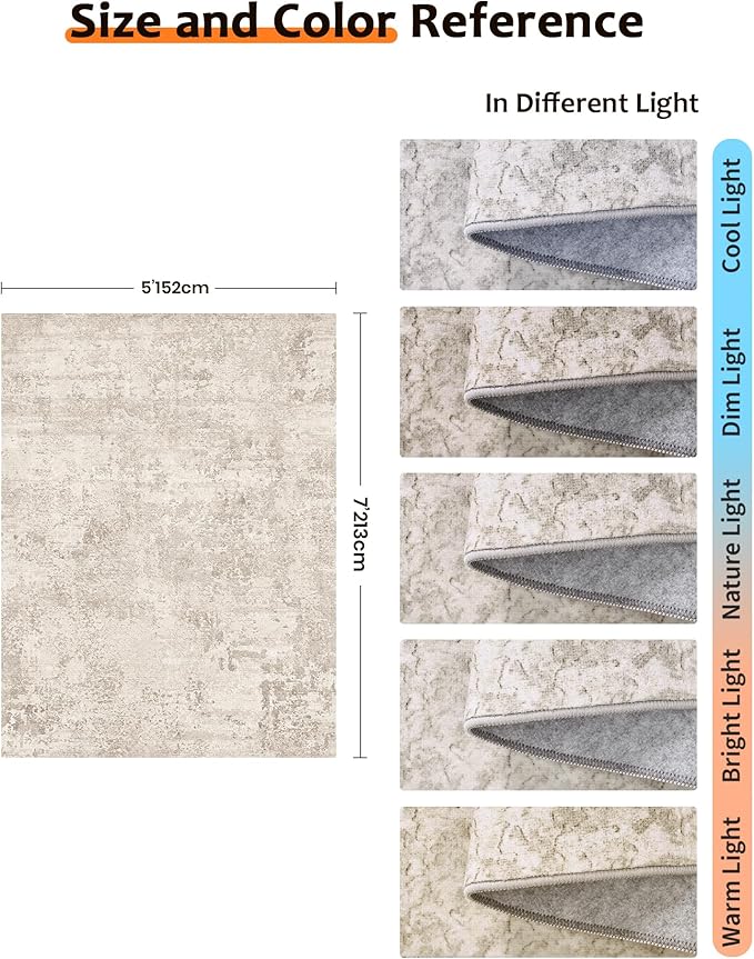 Art&Tuft Washable Rugs 5x7, Abstract Area Rugs for Living Room - Non Slip and Low Pile Soft Thin 5x7 Rug for Bedroom, Dining Room, Kitchen, Office, Beige