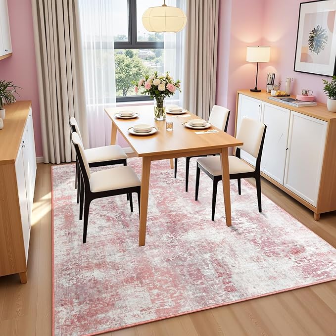 Washable Abstract Rug, 8x10 Modern Area Rugs with Non-Slip Rubber Backed for Living Room, Thin but Soft Contemporary Carpet Kitchen Bedroom Dining Room Decor, Pink